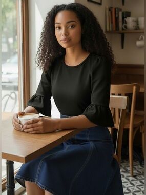 Black Ruffle-Sleeve Blouse